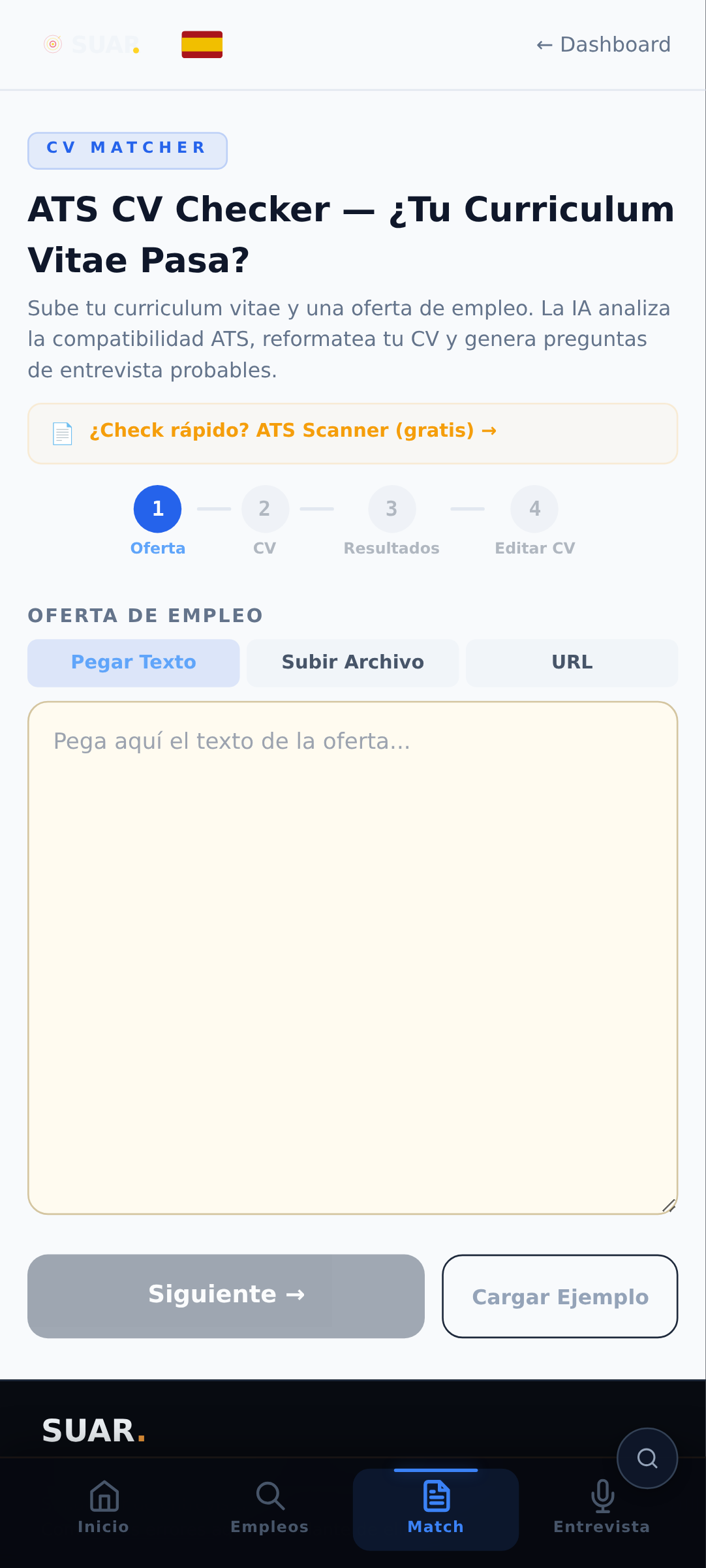 Ecrã do CV matcher do SUAR
